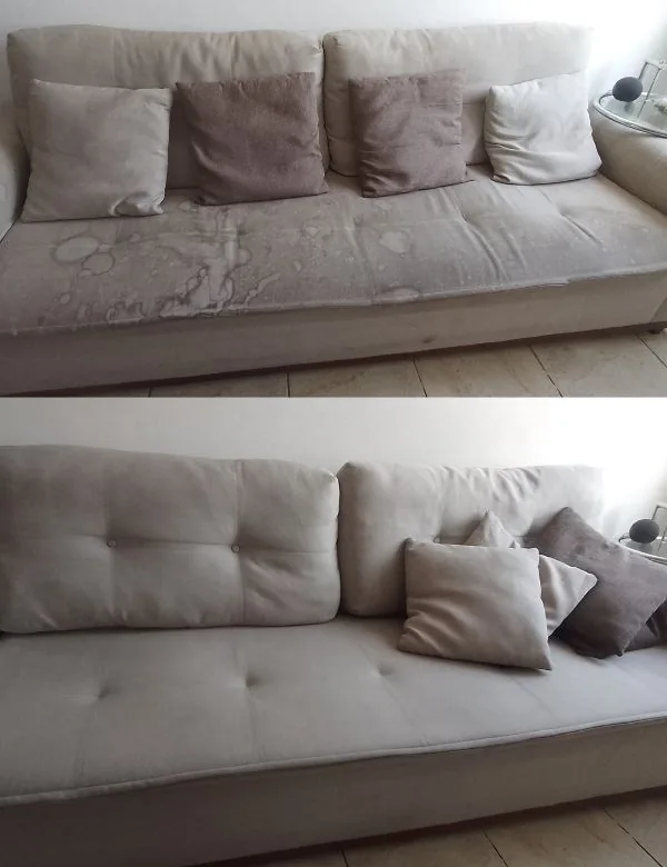 Antes e depois da higienização de um sofá em Passo Fundo