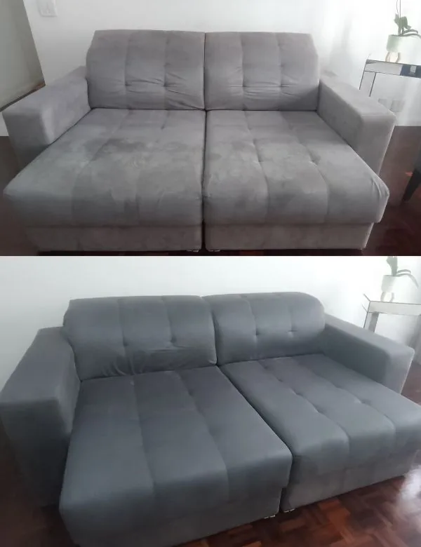 Antes e depois da higienização de um sofá cinza em Passo Fundo