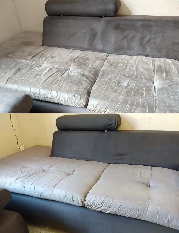 Antes e depois da higienização de um sofá em Passo Fundo