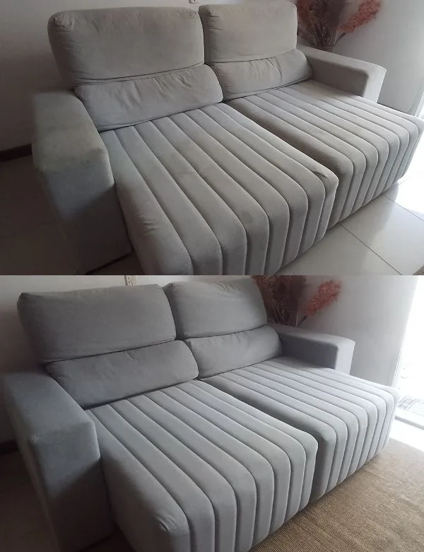 Antes e depois da higienização de um sofá em Passo Fundo